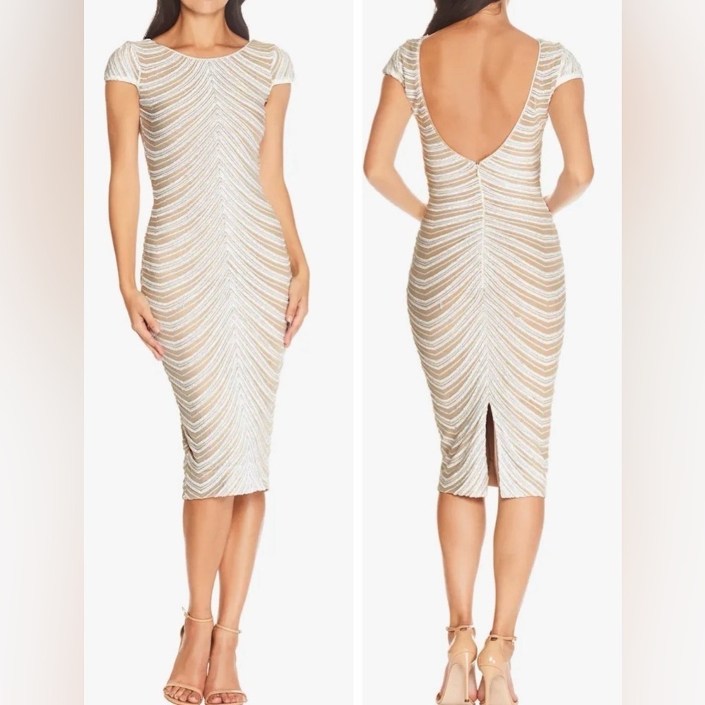 DRESS THE POPULATION Marcella White Sequin Stripe Cocktail Sheath Dress NEW M